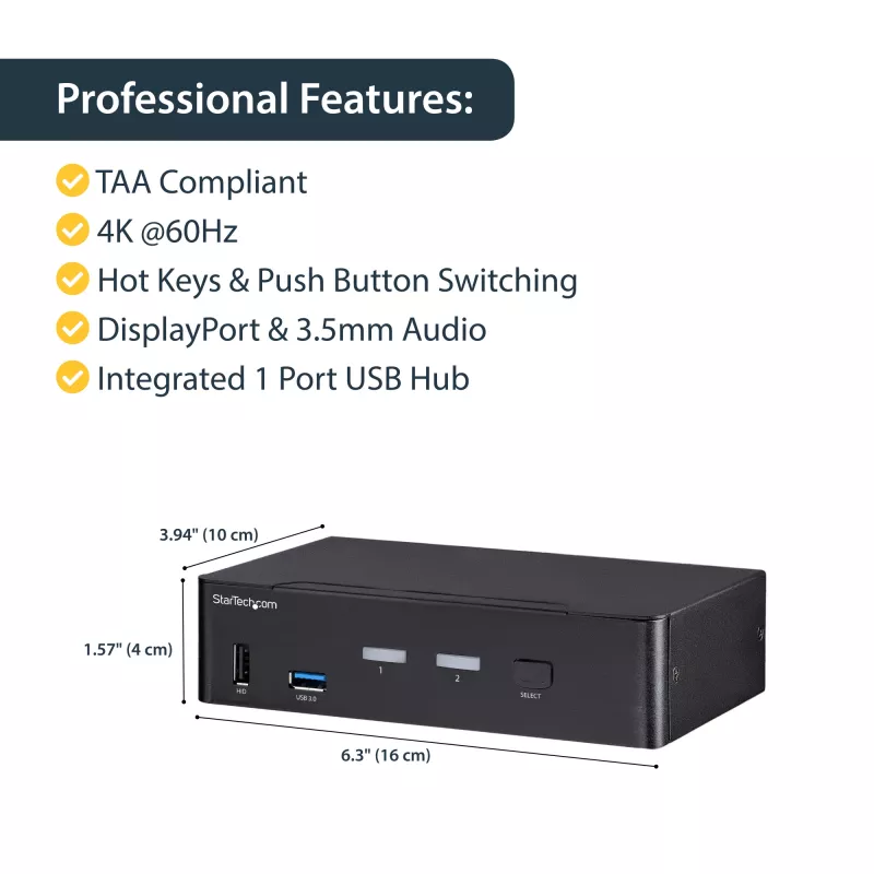 StarTech.com 2-poorts DisplayPort KVM-switch - 4K 60Hz - enkel scherm - dual-port UHD DP 1.2 USB KVM-switch met geïntegreerde USB 3.0 hub & audio - Dell HP Apple Lenovo - TAA-conform