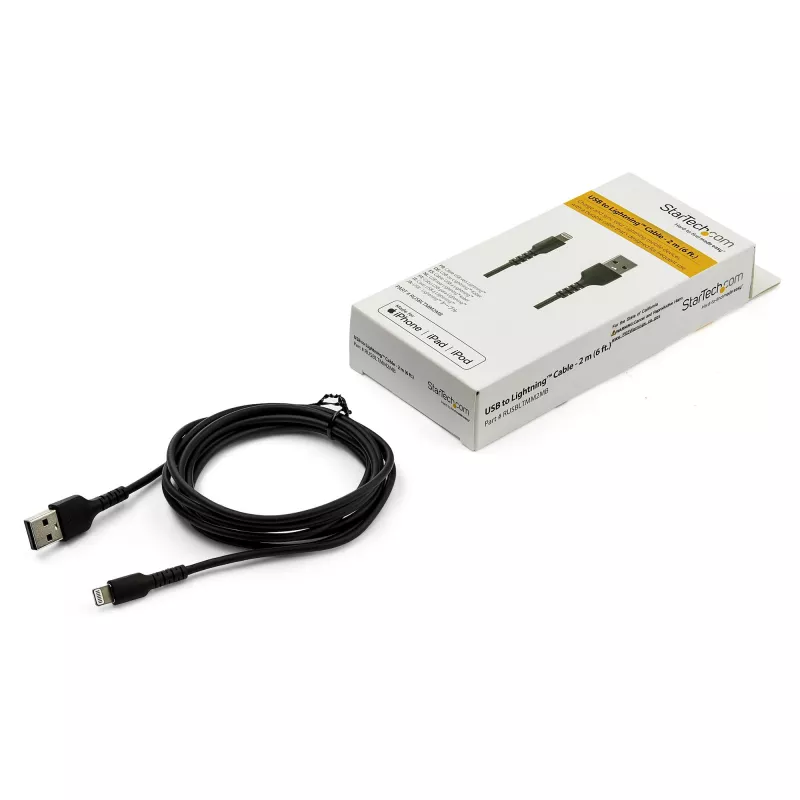 StarTech.com 6 voet (2 m) robuuste zwarte USB-A naar Lightning-kabel – hoogbelastbare, duurzame aramidevezel USB Type-A naar Lightning laad-/sync-netkabel – Apple MFi-gecertificeerd voor iPad/iPhone 12