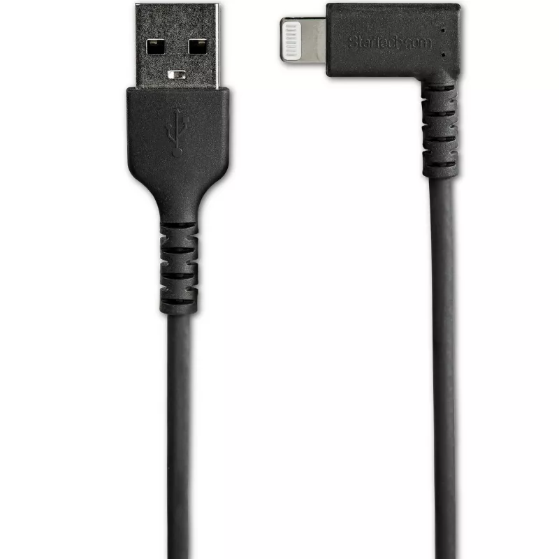 StarTech.com 1 m robuuste USB-A naar Lightning-kabel – zwart, 90° haaks, duurzaam, aramidevezelversterkt, USB Type-A naar Lightning laad-/synckabel – Apple MFi-gecertificeerd – iPhone