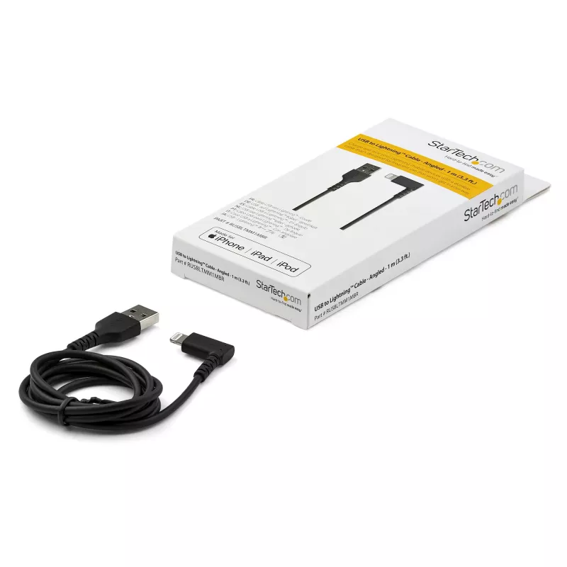 StarTech.com 1 m robuuste USB-A naar Lightning-kabel – zwart, 90° haaks, duurzaam, aramidevezelversterkt, USB Type-A naar Lightning laad-/synckabel – Apple MFi-gecertificeerd – iPhone
