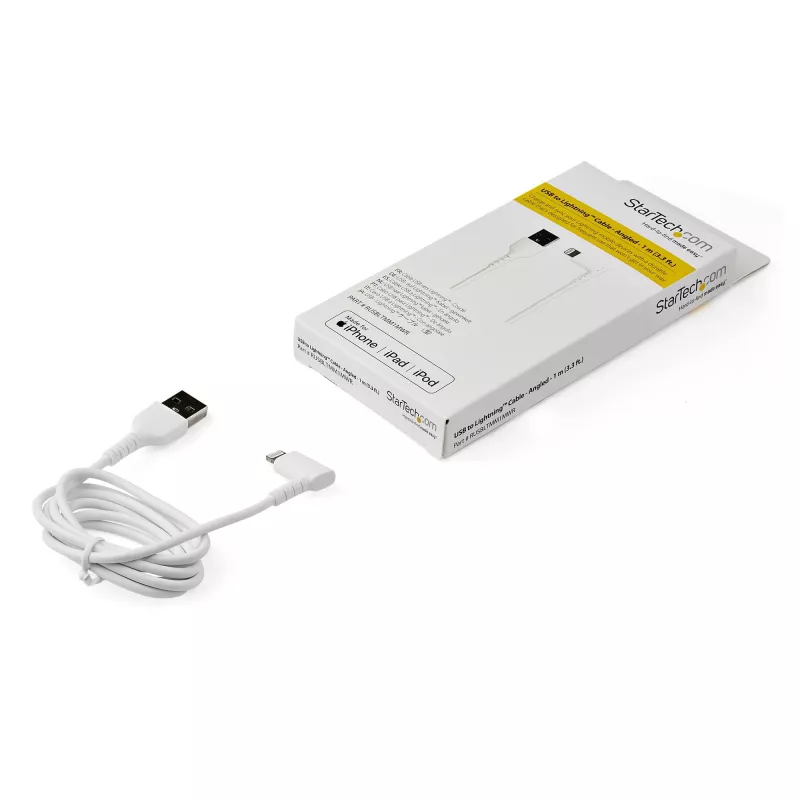 StarTech.com 1 m robuuste USB-A naar Lightning-kabel – wit 90° haaks duurzaam aramidevezel USB Type-A naar Lightning laad-/synckabel – Apple MFi-gecertificeerd – iPhone