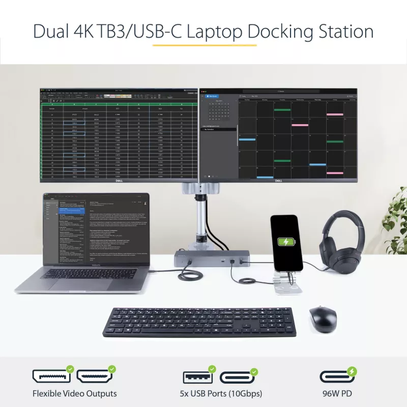 StarTech.com USB C dockingstation voor Macbook Pro/Air-M1/M2/M3/M4, Thunderbolt-compatibel, HDMI/DisplayPort, dual 4K 60Hz/enkel 8K, USB Type-C laptop-dock, 96W Power Delivery, USB 10Gbps