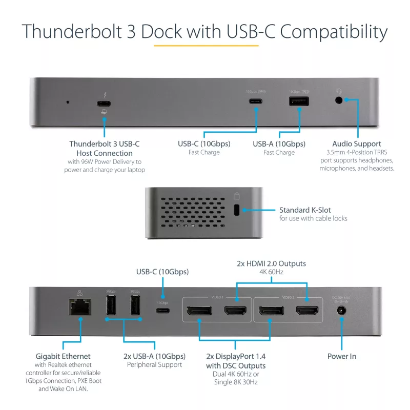 StarTech.com USB C dockingstation voor Macbook Pro/Air-M1/M2/M3/M4, Thunderbolt-compatibel, HDMI/DisplayPort, dual 4K 60Hz/enkel 8K, USB Type-C laptop-dock, 96W Power Delivery, USB 10Gbps