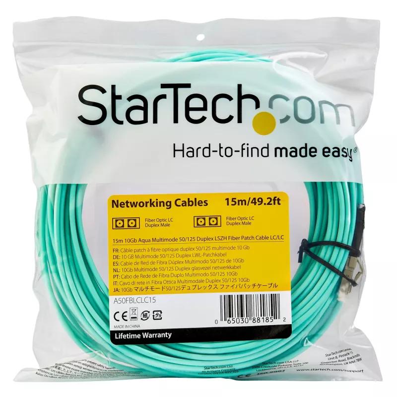 StarTech.com 15 m (50 ft) LC/UPC naar LC/UPC OM3 multimode glasvezelkabel, full-duplex, 50/125 µm zipcord-vezelkabel, 100G, lage invoegdemping, LSZH glasvezel-jumperkabel