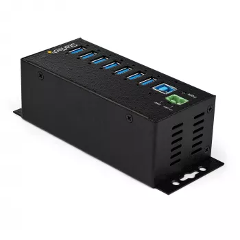 StarTech.com 7-poorts USB 3.0 hub met voeding – metalen industriële USB-A-hub met ESD- en 350 W overspanningsbeveiliging – DIN-/wand-/tafelmontage – hogesnelheids-USB 3.2 Gen 1 (5 Gbit/s) hub – TAA
