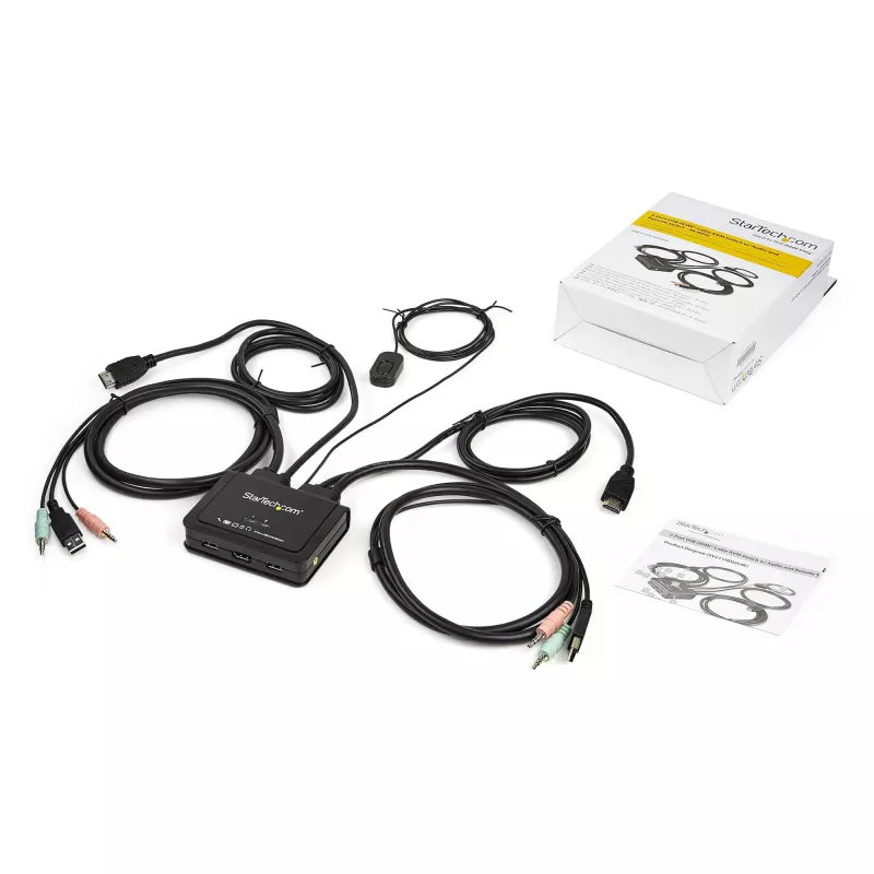 StarTech.com 2-poorts HDMI KVM-switch - 4K 60Hz - compacte dual-port UHD/Ultra HD USB desktop KVM-switch met geïntegreerde 1,2 m kabels & audio - busgevoed & externe omschakeling - MacBook ThinkPad