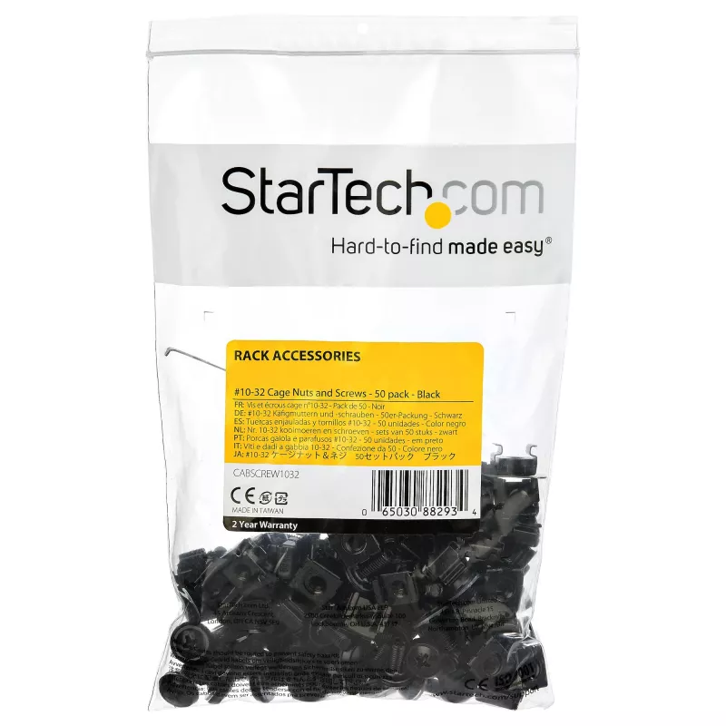 StarTech.com 50-pack 10-32 serverrack kooimoeren en schroeven met ringen – rackmontage-hardwarekit – clip/kooimoeren & schroeven voor vierkante gaten – zwart – TAA