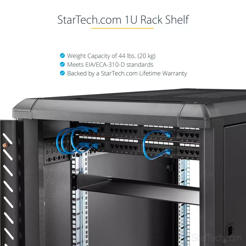 StarTech.com 1U serverrack-plank - universele rackmontage-kraagarmplank voor 19 inch netwerkapparatuur-rack & -kast - hoogbelastbaar staal – draagvermogen 20 kg - 16 inch diepe lade, zwart