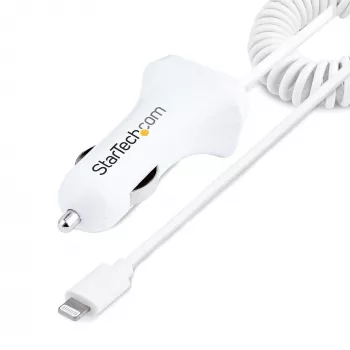 StarTech.com Lightning-autolader met spiraalkabel, 1 m Lightning-spiraalkabel, 12 W, wit, 2-poorts USB-autolaadadapter voor telefoons en tablets, dual-USB auto-iPhone-lader