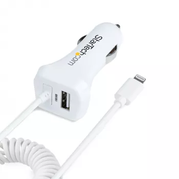 StarTech.com Lightning-autolader met spiraalkabel, 1 m Lightning-spiraalkabel, 12 W, wit, 2-poorts USB-autolaadadapter voor telefoons en tablets, dual-USB auto-iPhone-lader
