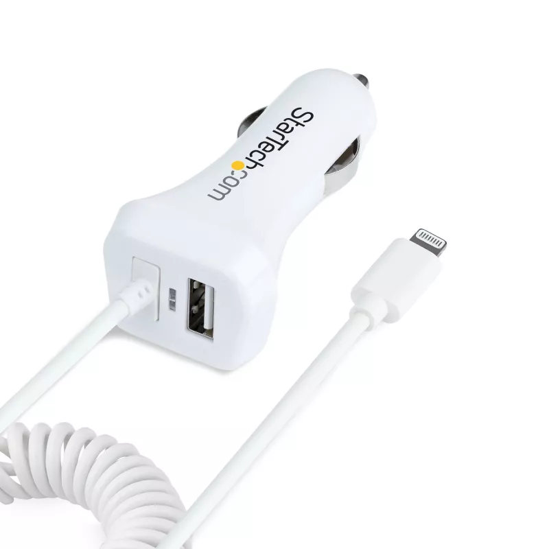 StarTech.com Lightning-autolader met spiraalkabel, 1 m Lightning-spiraalkabel, 12 W, wit, 2-poorts USB-autolaadadapter voor telefoons en tablets, dual-USB auto-iPhone-lader