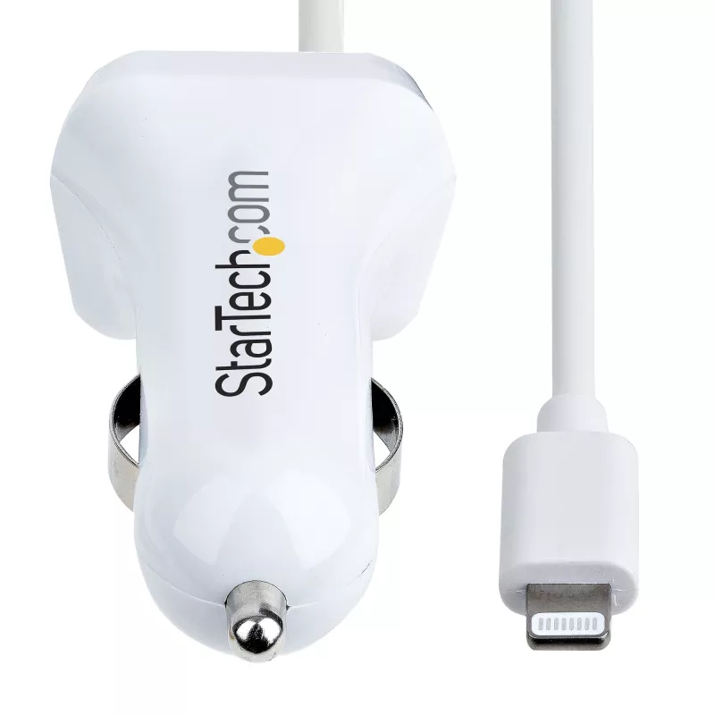 StarTech.com Lightning-autolader met spiraalkabel, 1 m Lightning-spiraalkabel, 12 W, wit, 2-poorts USB-autolaadadapter voor telefoons en tablets, dual-USB auto-iPhone-lader