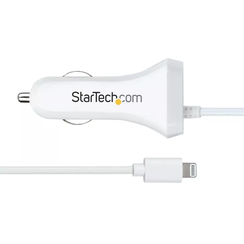 StarTech.com Lightning-autolader met spiraalkabel, 1 m Lightning-spiraalkabel, 12 W, wit, 2-poorts USB-autolaadadapter voor telefoons en tablets, dual-USB auto-iPhone-lader