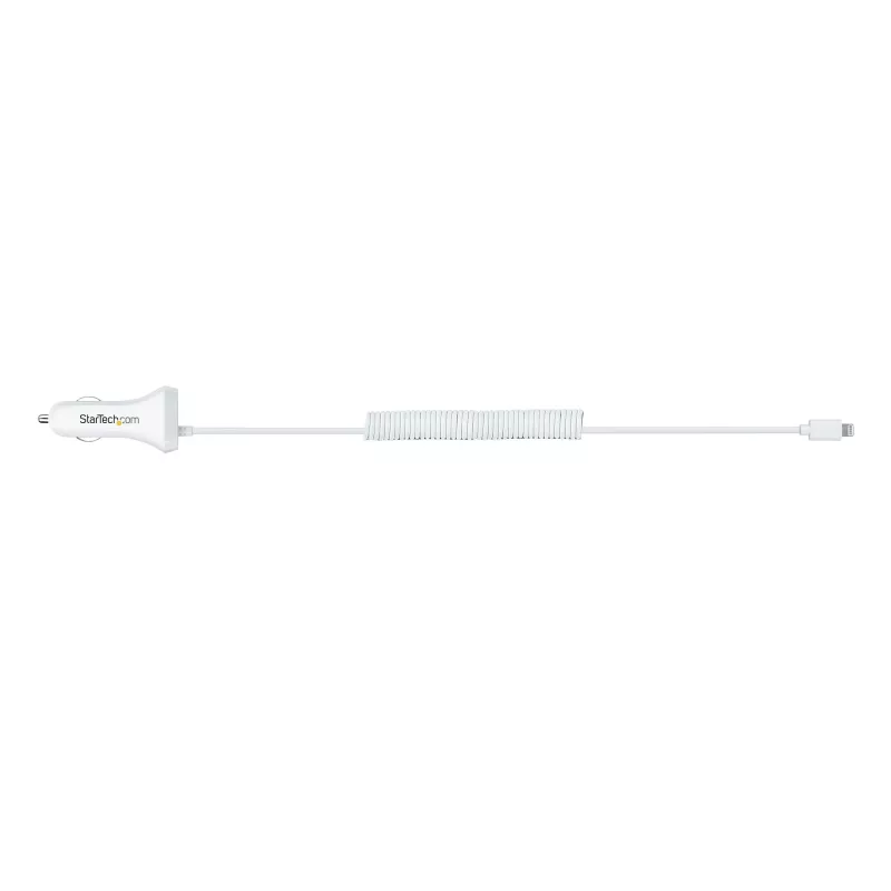 StarTech.com Lightning-autolader met spiraalkabel, 1 m Lightning-spiraalkabel, 12 W, wit, 2-poorts USB-autolaadadapter voor telefoons en tablets, dual-USB auto-iPhone-lader