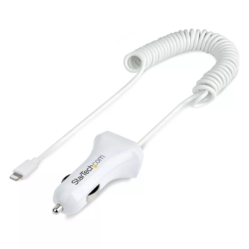 StarTech.com Lightning-autolader met spiraalkabel, 1 m Lightning-spiraalkabel, 12 W, wit, 2-poorts USB-autolaadadapter voor telefoons en tablets, dual-USB auto-iPhone-lader