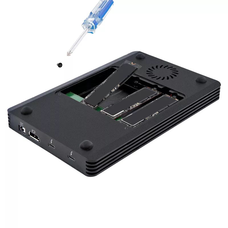 StarTech.com 4 bay Thunderbolt 3 NVMe behuizing, voor M.2 NVMe SSD-stations, 1x DisplayPort video/2x TB3 downstream-poorten, 40 Gbit/s, 72W voeding, externe harde schijf behuizing