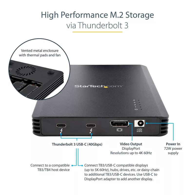 StarTech.com 4 bay Thunderbolt 3 NVMe behuizing, voor M.2 NVMe SSD-stations, 1x DisplayPort video/2x TB3 downstream-poorten, 40 Gbit/s, 72W voeding, externe harde schijf behuizing