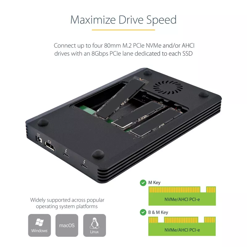 StarTech.com 4 bay Thunderbolt 3 NVMe behuizing, voor M.2 NVMe SSD-stations, 1x DisplayPort video/2x TB3 downstream-poorten, 40 Gbit/s, 72W voeding, externe harde schijf behuizing
