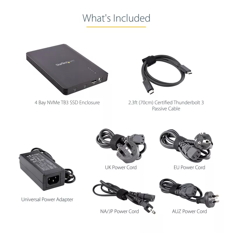 StarTech.com 4 bay Thunderbolt 3 NVMe behuizing, voor M.2 NVMe SSD-stations, 1x DisplayPort video/2x TB3 downstream-poorten, 40 Gbit/s, 72W voeding, externe harde schijf behuizing