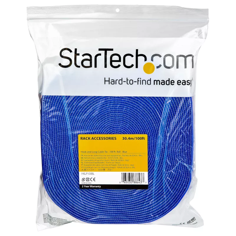 StarTech.com 30,5 m klittenbandrol – op maat te knippen, herbruikbare kabelbinders – industrieel klittenband voor kabelbevestiging / verstelbare stoffen wikkels, blauw / herbruikbare, zelfklevende kabelmanagementbanden