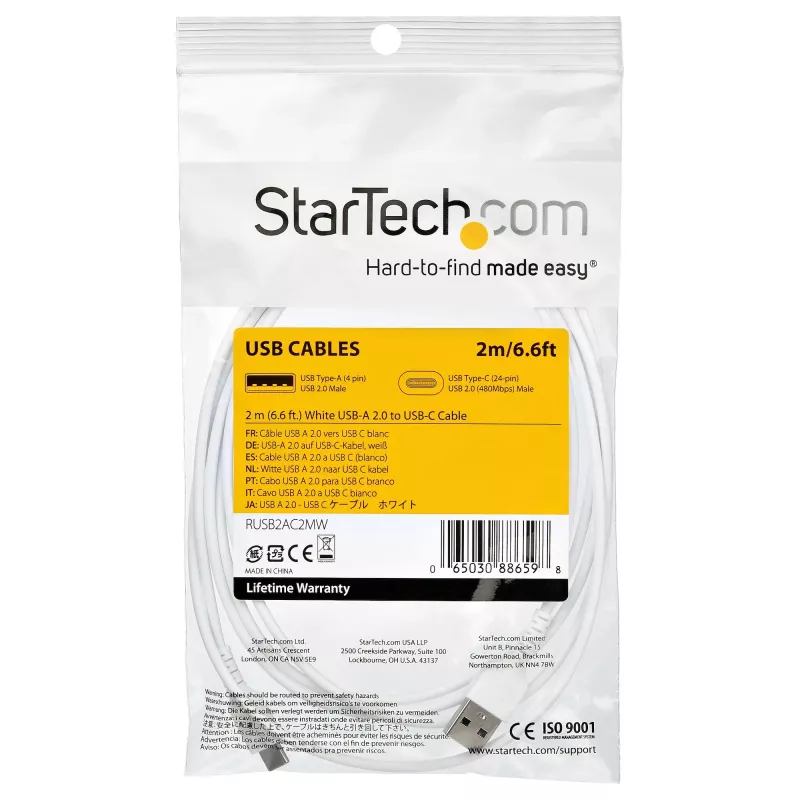 StarTech.com 2m USB-A naar USB-C oplaadkabel – robuuste snellaad- en sync-USB-2.0-naar-USB-Type-C datakabel – duurzame TPE-mantel aramidevezel M/M 3A wit – Samsung S10, iPad Pro, Pixel