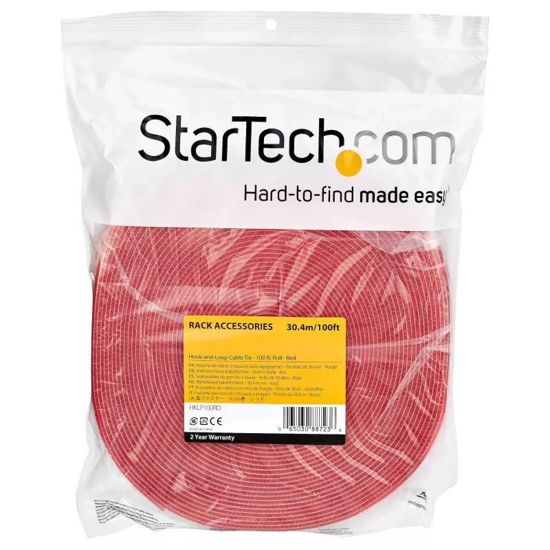 StarTech.com 30,5 m klittenbandrol – op maat te knippen herbruikbare kabelbinders – industriële kabelbevestigingsbandrol / aanpasbare textielwikkels rood / herbruikbare zelfklevende kabelmanagementbanden
