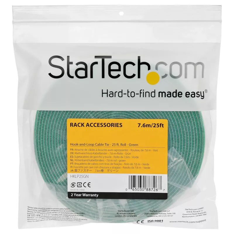 StarTech.com 7,6 m klittenbandrol - op maat te knippen herbruikbare kabelbinders - industrieel kabelbevestigingsband op rol / verstelbare textielwikkeling, groen / herbruikbare zelfklevende kabelmanagementbanden