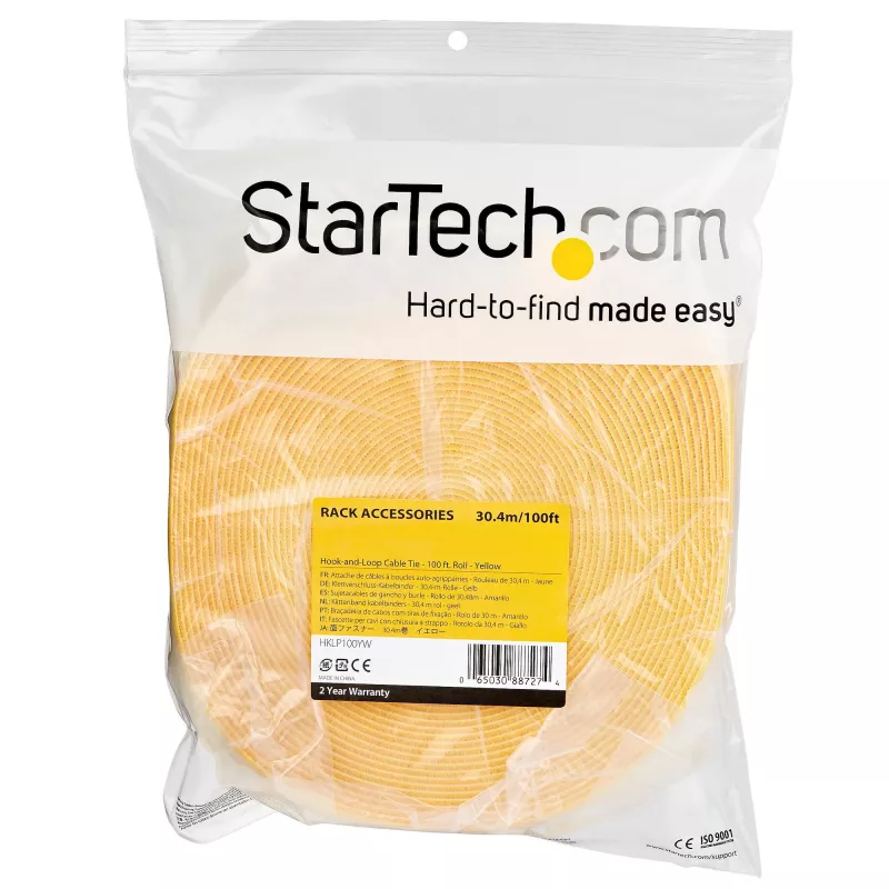 StarTech.com 30,5 m klittenbandrol - op maat te knippen herbruikbare kabelbinders - industrieel kabelbevestigingsband als meterware / verstelbare stoffen banden geel / herbruikbare zelfklevende kabelmanagementbanden
