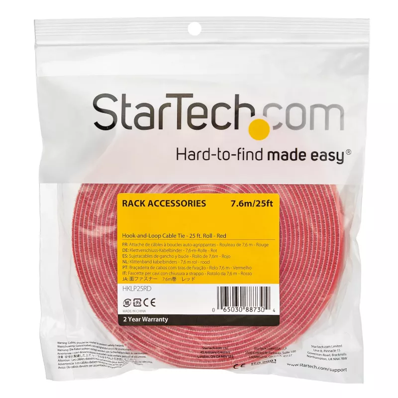 StarTech.com 7,6 m klittenbandrol - op maat te knippen herbruikbare kabelbinders - industrieel kabelbevestigingsband / verstelbare stoffen wikkeling rood / zelfklevende kabelmanagementbanden