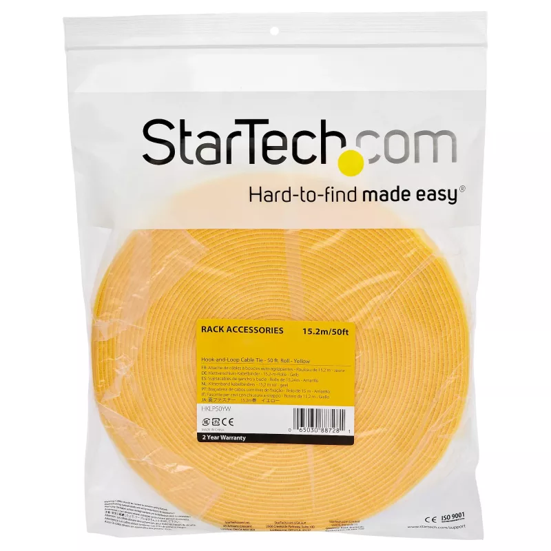 StarTech.com 7,6 m klittenbandrol - op maat te knippen herbruikbare kabelbinders - industrieel klittenband voor kabelbevestiging / verstelbare stoffen wikkelingen geel / zelfklevende kabelmanagementbanden