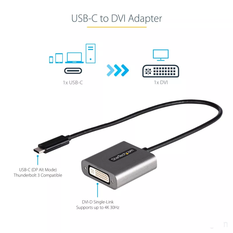 StarTech.com USB-C naar DVI-adapter - 1920x1200p USB-C naar DVI-D adapter-dongle - USB Type-C naar DVI-display/monitor - videoconverter - Thunderbolt 3 compatibel - 12 inch lange vast gemonteerde kabel - bijgewerkte versie van CDP2DVI