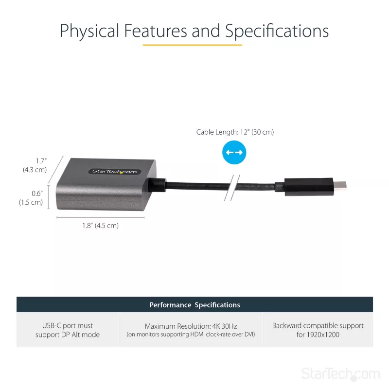 StarTech.com USB-C naar DVI-adapter - 1920x1200p USB-C naar DVI-D adapter-dongle - USB Type-C naar DVI-display/monitor - videoconverter - Thunderbolt 3 compatibel - 12 inch lange vast gemonteerde kabel - bijgewerkte versie van CDP2DVI