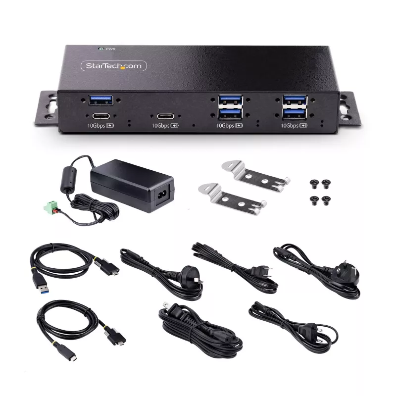 StarTech.com 7-poorts industrial USB 10Gbps-hub met voeding, metaal, monteerbaar, 5x USB-A en 2x USB-C downstream-poorten, ESD-beveiliging, powered USB-hub, TAA