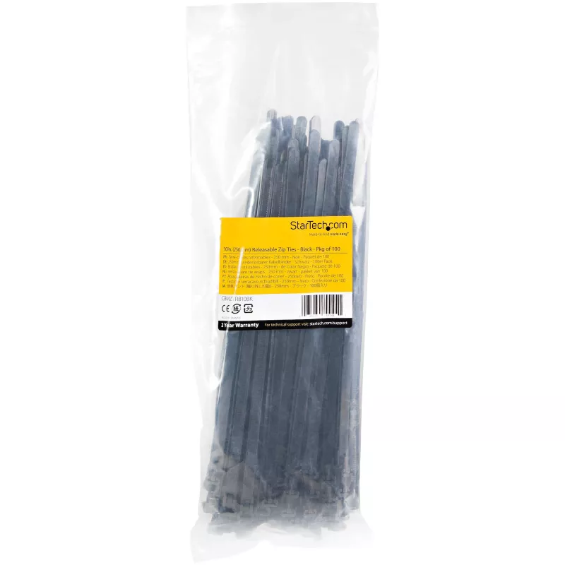 StarTech.com 10 inch (25cm) herbruikbare kabelbinders - 1/4 inch (7mm) breed, 2-1/2 inch (65mm) bundeldiameter, 50lb (22kg) treksterkte, losmaakbare nylon kabelbinders, binnen/buiten, 94V-2/UL gecertificeerd, 100-pack - zwart
