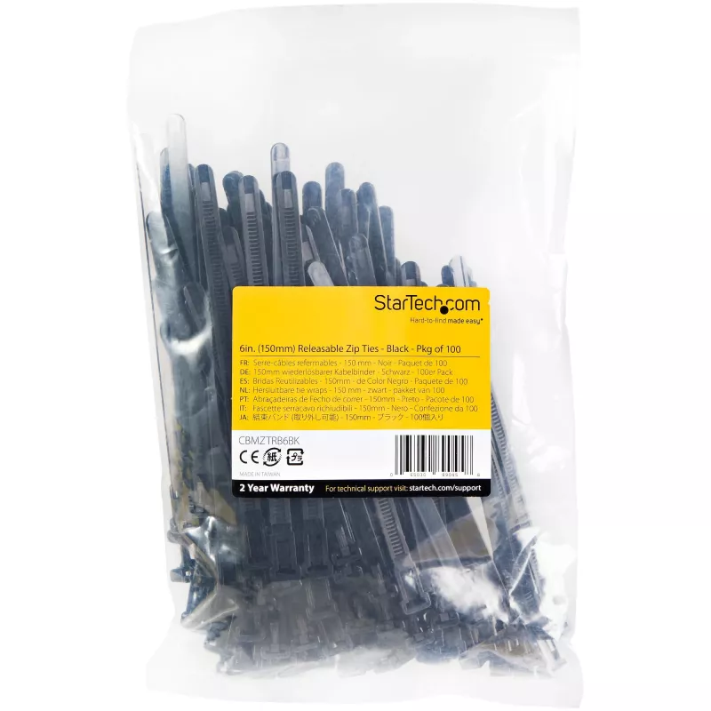 StarTech.com 15 cm herbruikbare kabelbinders - 7 mm breed, 35 mm bundeldiameter, 22 kg treksterkte, losmaakbare nylon binders, binnen/buiten, 94V-2/UL-gecertificeerd, 100-pack - zwart