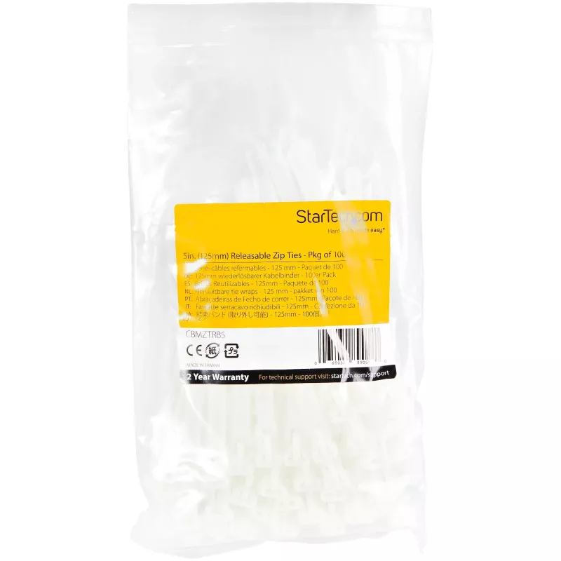 StarTech.com 12 cm herbruikbare kabelbinders - 7 mm breed, 30 mm bundeldiameter, 22 kg treksterkte, losmaakbare nylon binders, binnen/buiten, 94V-2/UL gecertificeerd, 100-pack - wit