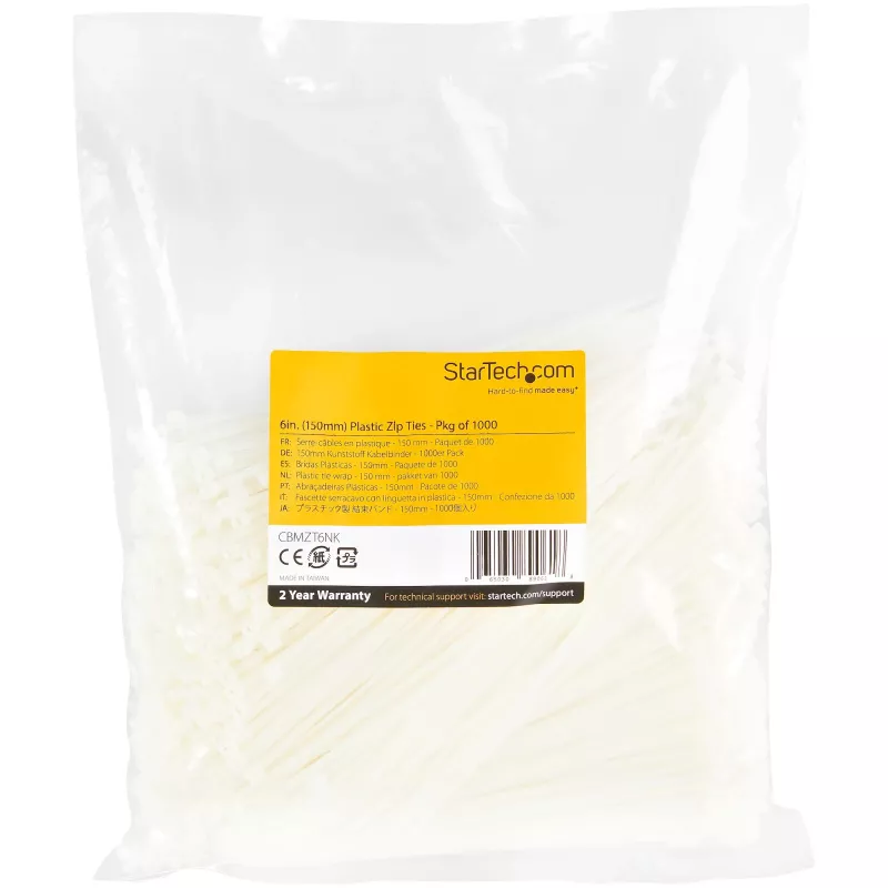 StarTech.com 15cm kabelbinders - 3mm breed, 39mm bundeldiameter, 18kg treksterkte, zelfborgende nylon kabelbinders met gebogen punt - 94V-2/UL-gecertificeerd, 1000-pack - wit