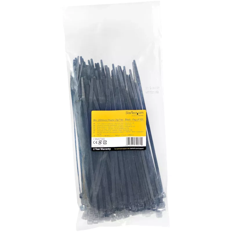 StarTech.com 20cm kabelbinders - 4mm breed, 55mm bundeldiameter, 22kg treksterkte, zelfborgende nylon kabelbinders met gebogen punt - 94V-2/UL-gecertificeerd, 100-pack - zwart