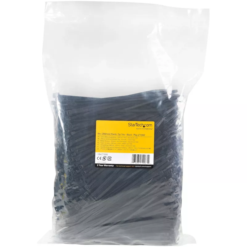 StarTech.com 20 cm kabelbinders - 4 mm breed, 55 mm bundeldiameter, 22 kg treksterkte, zelfvergrendelende nylon kabelbinders met gebogen punt - 94V-2/UL-gecertificeerd, 1000-pack - zwart