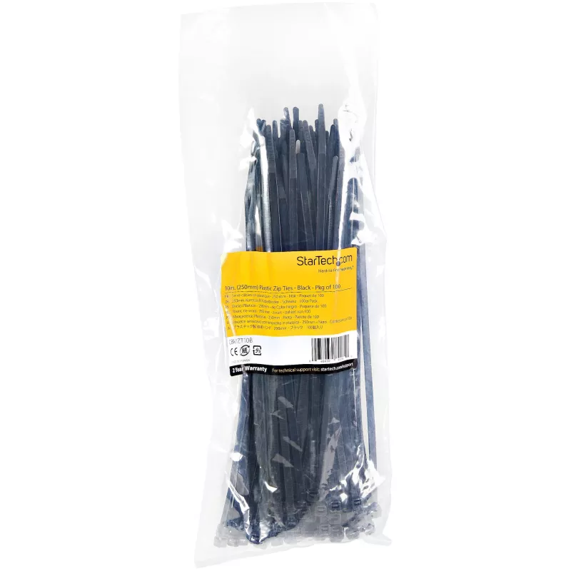 StarTech.com 25 cm kabelbinders - 4 mm breed, 68 mm bundeldiameter, 22 kg treksterkte, zelfvergrendelende nylon kabelbinders met gebogen punt - 94V-2/UL-gecertificeerd, 100-pack - zwart