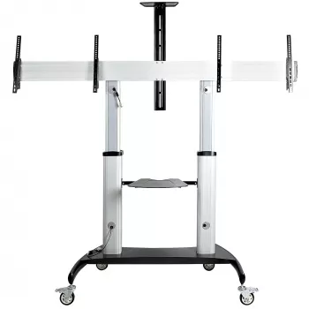 StarTech.com Dubbele TV-wagen voor 37-60 inch VESA-televisies tot 110lb/50kg per stuk - In hoogte verstelbare TV-beugel, mobiele displaywagen met apparatuurlades - Rolbare TV-wagen op wielen - Rolbare TV-standaard