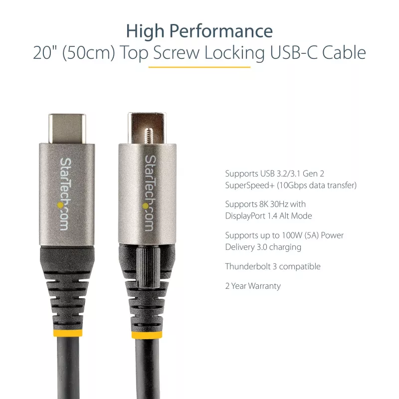 StarTech.com 50 cm top screw locking USB-C-kabel 10 Gbit/s – USB 3.1/3.2 Gen 2 Type-C-kabel – 100 W (5 A) Power Delivery laadvermogen, DP Alt Mode – enkele schroefvergrendeling, USB-C kabel laden/synchroniseren