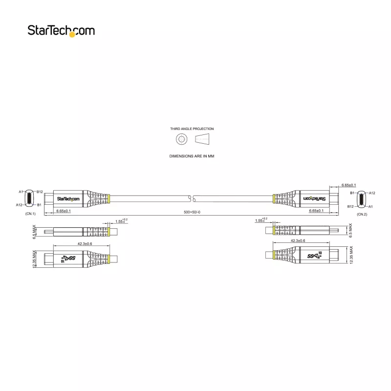 StarTech.com 20 inch (50 cm) USB-C-kabel 10 Gbit/s – USB 3.1 Type-C-kabel – 100 W (5 A) Power-Delivery-laden, DP Alt Mode – USB-C-kabel voor USB-C-laptop/telefoon/apparaat – laden/synchroniseren