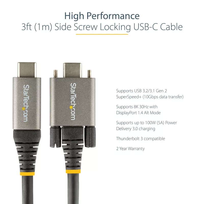 StarTech.com 0,91 m zijwaartse schroefvergrendeling USB-C-kabel 10 Gbit/s – USB-IF-gecertificeerde USB-C-kabel – USB 3.1/3.2 Gen 2 Type-C-kabel – 100 W (5 A) Power Delivery laden, DP Alt Mode – dubbele schroefvergrendeling – USB-C kabel laden/synchroniseren