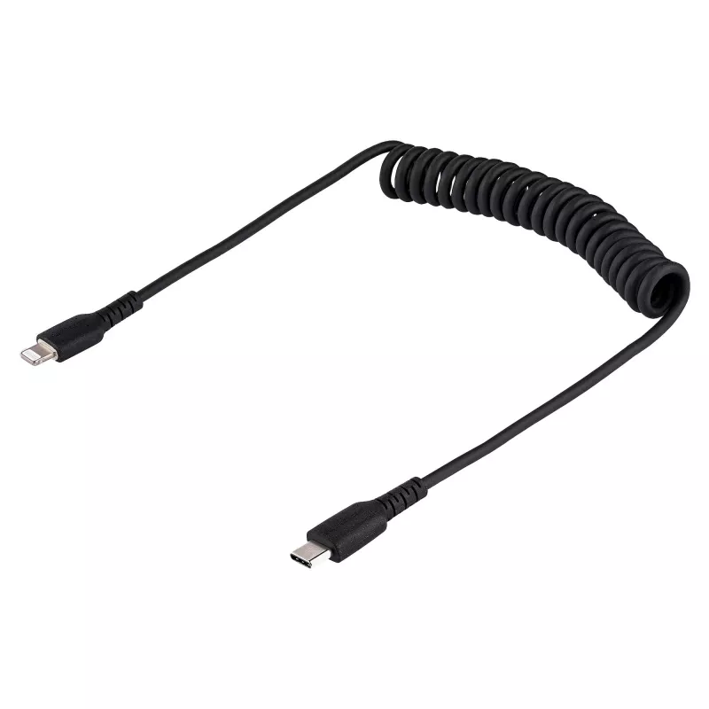 StarTech.com 1m (3ft) USB-C naar Lightning kabel, MFi-gecertificeerd, spiraalkabel iPhone laadkabel, Zwart, robuuste TPE-mantel aramidevezel, slijtvaste spiraalkabel Lightning