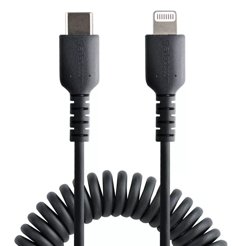 StarTech.com 1m (3ft) USB-C naar Lightning kabel, MFi-gecertificeerd, spiraalkabel iPhone laadkabel, Zwart, robuuste TPE-mantel aramidevezel, slijtvaste spiraalkabel Lightning