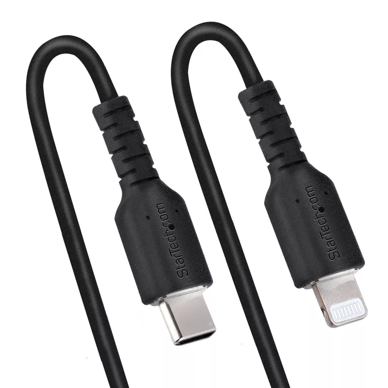 StarTech.com 1m (3ft) USB-C naar Lightning kabel, MFi-gecertificeerd, spiraalkabel iPhone laadkabel, Zwart, robuuste TPE-mantel aramidevezel, slijtvaste spiraalkabel Lightning