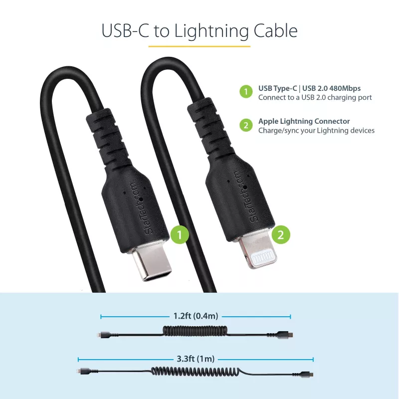 StarTech.com 1m (3ft) USB-C naar Lightning kabel, MFi-gecertificeerd, spiraalkabel iPhone laadkabel, Zwart, robuuste TPE-mantel aramidevezel, slijtvaste spiraalkabel Lightning