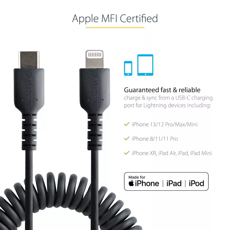 StarTech.com 1m (3ft) USB-C naar Lightning kabel, MFi-gecertificeerd, spiraalkabel iPhone laadkabel, Zwart, robuuste TPE-mantel aramidevezel, slijtvaste spiraalkabel Lightning