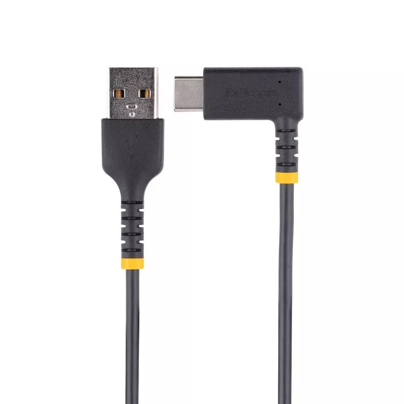 StarTech.com 15 cm USB-A-naar-USB-C-oplaadkabel, haaks – robuuste snellaad-USB-C-kabel – zwart, USB 2.0 A naar Type-C – duurzame aramidevezel – 3A – korte USB-oplaadkabel